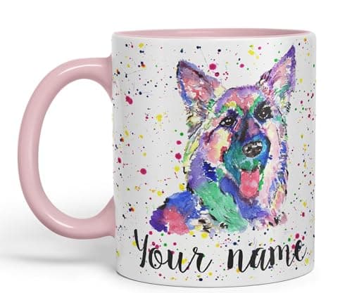 Image of Vixar Personalised with Your Text German Shepherd Dog Pet Animals Watercolour Art Coloured Ceramic Mug Cup Gift 330ml 11oz Custom Work Office Tea Coffee (Pink)