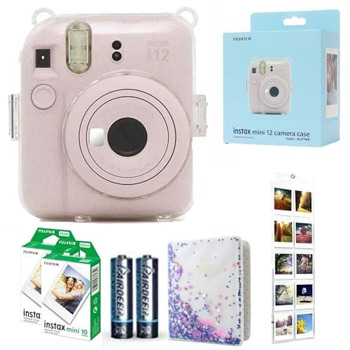 Image of Fujifilm INSTAX Mini 12 Camera Blossom Pink id Bundle – Includes Mini 12 Pink Camera, 20-Shot INSTAX Mini Film, Clear Glitter Camera Case, Photo Album & Hanging Wall Photo Display