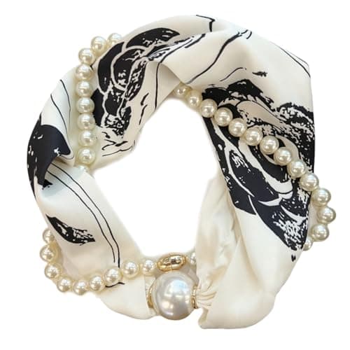 Image of alloneslife Magnetic Clasp Pearls Chain Necklace Floral Satins Scarf Elegant Silk Skinny Narrow Neckerchief for Fashionable Women(Camellia)