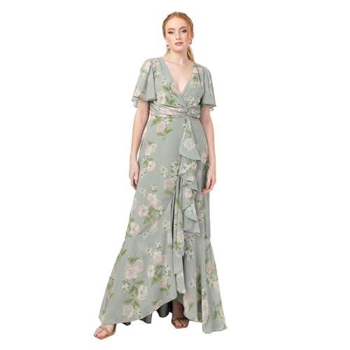 Image of Anaya with Love Women's Maxi Dress Ladies Wrap V-Neck Flutter Sleeve Ruffle A-line Bridesmaid Wedding Guest Occasion Prom Ball Gown, Sage Green Floral 12