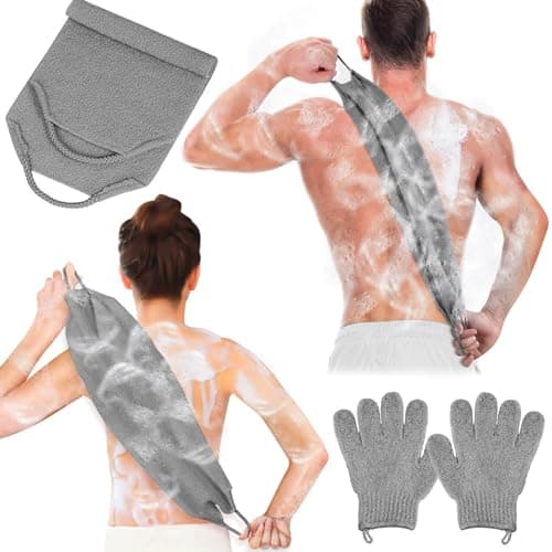 Image of Anezus Exfoliating Back Scrubber Bath Gloves Set, Exfoliating Shower Towel with Shower Gloves for Body Scrub, Back Cleaner Wash Gloves to Remove Dead Skin (Grey)