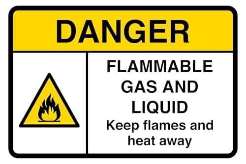 Image of Safety First Display LTD Danger Flammable gas & liquid sign - High tack self-adhesive sticker (200mm x 150mm) Viewing Distance within 5m.
