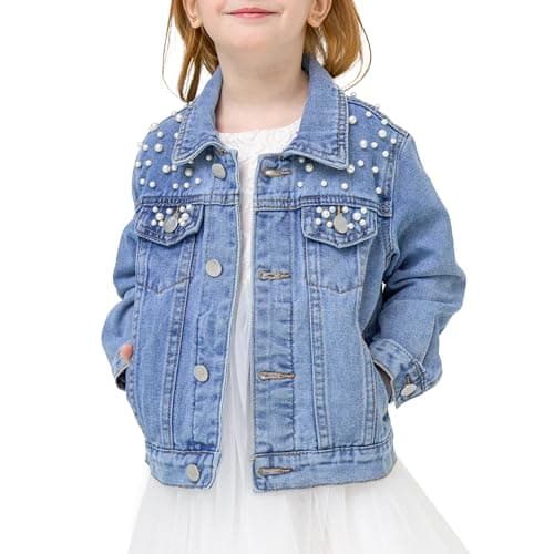 Image of Miipat Girls Denim Jacket Toddler Jean Jacket Button Down Fashion Pearl Decorate Jeans Coat with Pockets Long Sleeve Outerwear for Kids 140 9-10 Years