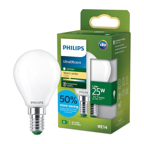 Image of Philips LED UltraEfficient Frosted P45 Bulb, E14 Small Edison Screw, Energy Class A, 252 lm, 25W Equivalent, Warm White (2700K), EyeComfort, 50,000 Hours, 1 Pack