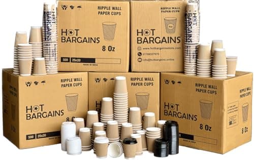 Image of HOT BARGAINS - Kraft Triple Walled Disposable Paper Ripple Cups - 50 X 8oz / 250ml, Hot Drink Cups + Reusable Lids (Black/White) (8oz)