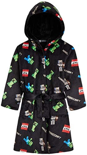 Image of Minecraft Dressing Gown for Boys Fleece Hooded Bathrobe with Pockets Creeper Loungewear Nightwear Teens Gamer Gifts for Boys (13-14 Years, Black)