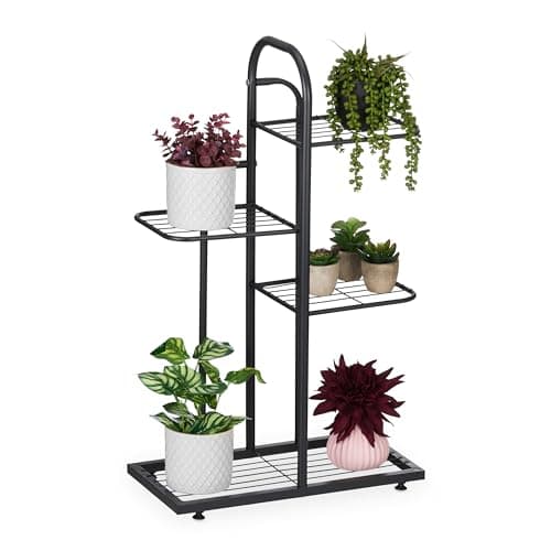 Image of Relaxdays Plant Stand, 4 Levels, for Flower & Herb Pot, HxWxD: 72.5 x 44 x 22.5 cm, Steel, Indoor Decorative Rack, Black