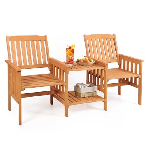 Image of Panana Wooden Outdoor Loveseat, Solid Wood Patio Companion Chair with 2 Tier Coffee Table & Built-in Parasol Hole, Love Seat Bench Furniture Garden Balcony Conservatory