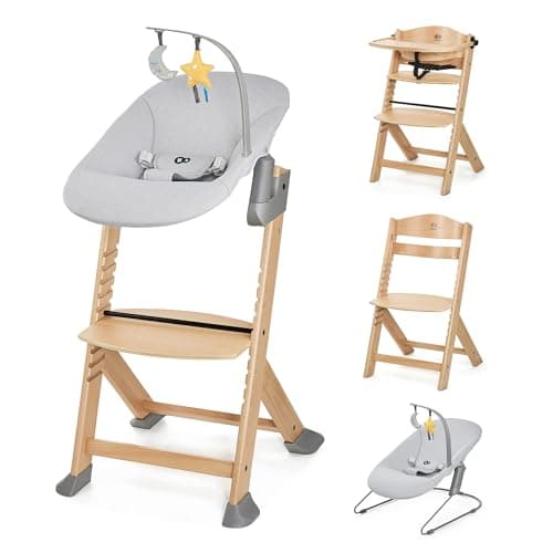 Image of Kinderkraft ENOCK Wooden Highchair + Baby Bouncer CALMEE, Multifunctional Baby Chair, Ajustable Heigh and Footrest, Safety Harness, with Detachable Tray, for Children up to 10 Years