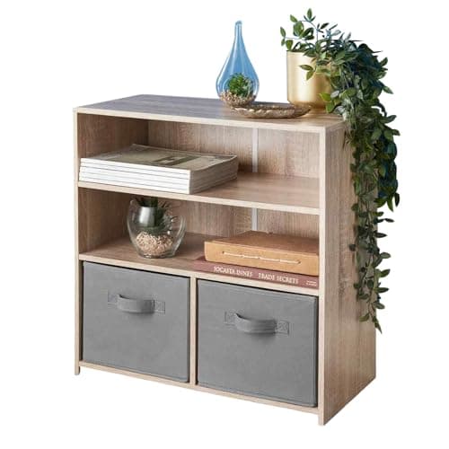 Image of spot on dealz® 4 Cube Storage Unit – 2 Door Cabinets & 2 Open Shelves, Oak Finish Wooden Bookcase for Living Room, Bedroom, Office – Small Organizer Furniture, Easy to Assemble