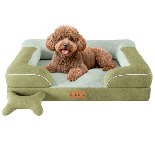 Image of CWAWZ Dog Beds for Medium Dogs, Orthopedic Dog Bed with Cooling Gel Memory Foam, Waterproof Large Pet Bed with Removable Washable Cover, 76x51x20cm Pet Sofa Dutch Velvet with Bone Toy, Dark Green