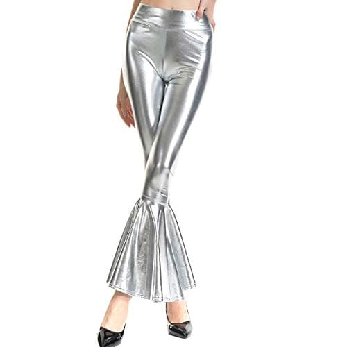 Image of AGYMNX Women Shiny Metallic Leggings Sexy Leggings Ladies High Waist Stretch Yoga Flare Pants Loose Fit Leggings Music Festival Club Dress Up Silver L