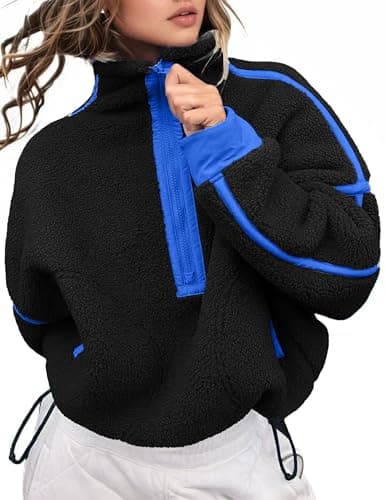 Image of Kumufenc Women's Fleece Sweatshirts Half Zip Pullover Long Sleeve Oversized Workout Crop Tops Hoodie With Pocket, Black-blue, XS