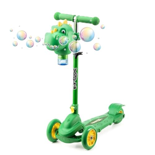 Image of Xootz Bubble Go Dinosaur Scooter, 3 Wheel Kids Scooter with Bubble Machine, Adjustable, Foldable Tri Scooter for Toddlers, Balance and Lean to Steer