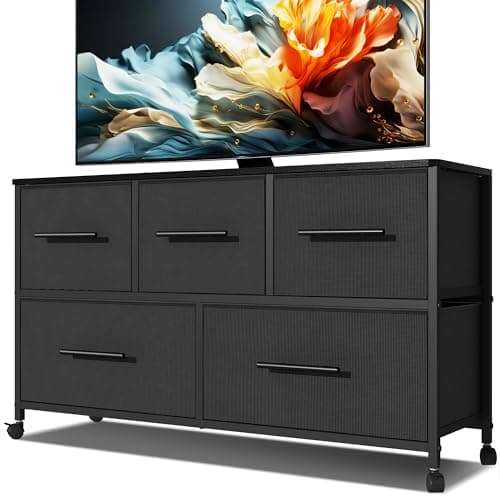 Image of MYGIIVOVO Chest of Drawers, Dresser for Bedroom with 5 Fabric Drawers, TV Stand with 4 Castors, Storage Organizer Unit for Living Room Kids Room (Black)