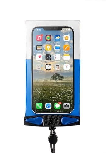 Image of Aquapac Waterproof Phone Case, Small, Blue, Lanyard, iPhone and Android, Made in The UK, Hiking, Mountain Biking, Running Accessory, Floating, 5 Year Warranty. IPX8 certified to 30 ft deep.