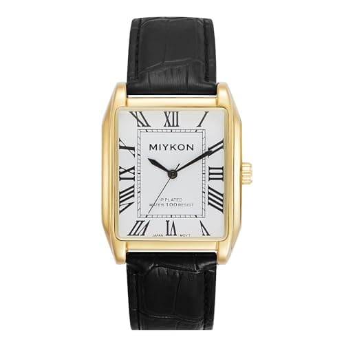 Image of Miykon Vintage Watches for Men – Classic Tank Square Analog Watch with Genuine Leather Wrist Strap, Mens Dress Watches – Japanese Quartz, Waterproof to 100ft, Roman, Gold Case, White Dial, 38 mm, The