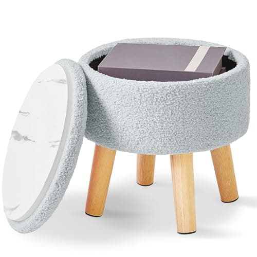 Image of IBUYKE 13 Inch Small Footstool Ottoman with Storage, Round Pouffe Foot Rest with Padded Seat and Wood Legs, Teddy Velvet Mini Footstool for Living Room Couch Bedroom Entryway, Gray-Blue WBD006H
