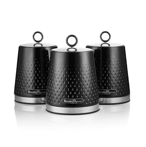 Image of Swan Elegance Set of 3 Kitchen Storage Canisters for Tea, Coffee, and Sugar with Textured Gloss Finish and Stainless Steel Accents, 1.3L, Black