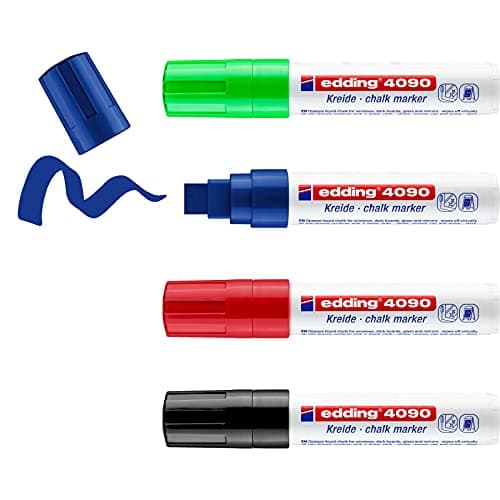 Image of Edding 4-4090-4999 Chalk Marker Pen Set - Black, Red, Blue, Green - 4 Chalk Pens - Chisel Tip 4-15 mm - Drywipe Pen for Chalkboards,Windows,Glass,Mirrors - Liquid Chalk Marker Pens for Opaque Coverage