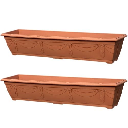 Image of VR7 90cm Long Garden Planters 2 Pack Durable Plastic Trough for Raised Window Planting - Ideal for Flowers, Herbs, and Vegetables (Terracotta, Without Trays)