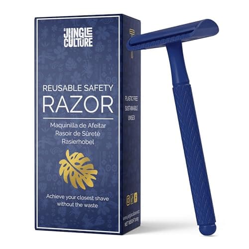 Image of JUNGLE CULTURE® Dark Blue Safety Razor for Men & Women • Eco Friendly Reusable Metal Razors for all Skin Types • Double Edge Blades Not Included • Body & Face Single Blade Shaver & Shaving Guide