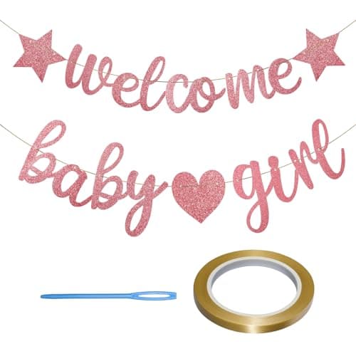 Image of Welcome Baby Girl Banner, Pink Glitter Gender Reveal Party Decorations Baby Shower Sign for Family Girls Newborn Birthday Homecoming Theme Party