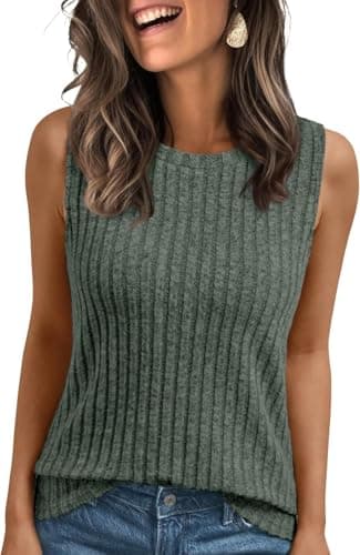 Image of TrendiMax Women's Sleeveless Crew Neck Tank Tops Summer Loose Fitted Ribbed Knit Basic Vest Shirts Green