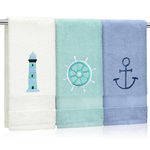 Image of Hahafelt 3 Pack Nautical Hand Towels for Bathroom 100% Cotton Embroidered Beach Bathroom Towels 13.78 x 29.53 Inch Soft Absorbent (White Green Blue, Lighthouse)
