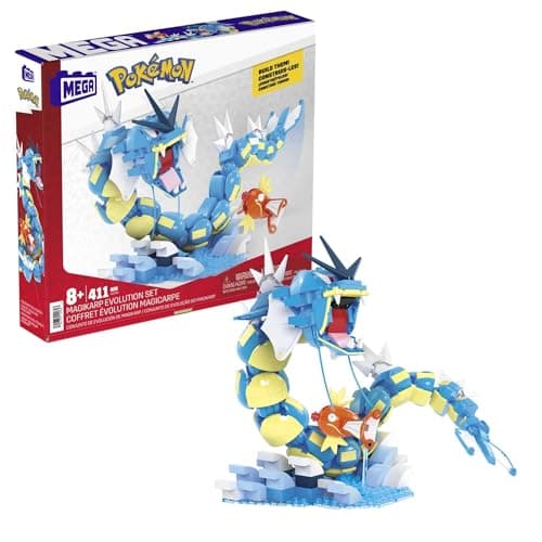 Image of MEGA Pokémon Action Figure Building Toys Set for Kids, Magikarp Evolution Set with 411 Pieces, Buildable and Poseable Gyarados, 20 inches, HNT95