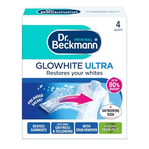 Image of Dr Beckmann Glowhite Ultra Fabric Whitener 4 x 40g Sachets | Whitening Powder for Whites | Brightens Dull Grey Laundry | Works with Detergent | Machine Wash Fabric Brightener | Keeps Whites White