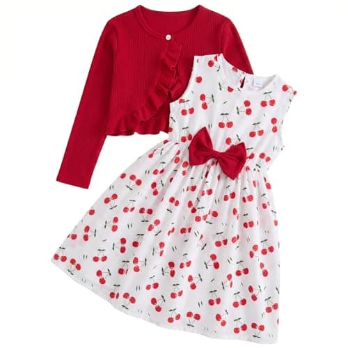 Image of JiAmy Girl Dress and Cardigan Sets 2Pcs Toddler Butterfly Floral Print A-line Dresses with Long Sleeve Coat Kids Casual Spring Summer Clothes for Girls 3-4 Years Red Cherry