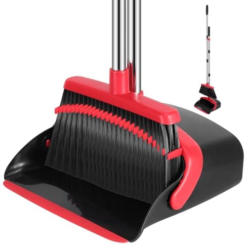 Image of nacena Broom and Dustpan Set, 52-in Long Adjustable Handle Broom Dustpan Combo with Dustpan Teeth to Automatically Clean Hair Suitable for Home Kitchen Office Hall Floor, Black Red