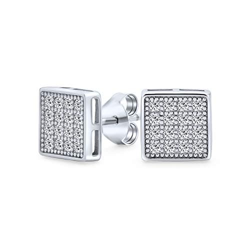 Image of Geometric Square Cubic Zirconia Micro Pave CZ Stud Earrings For Men For Women .925 Sterling Silver 7MM
