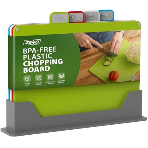 Image of ZENO Plastic Chopping Board Set | Set of 4 Coloured Chopping Boards with Stand | Non Slip Cutting Boards | Thick Chopping Boards for Kitchen Cooking Equipment | Food Icons | Dishwasher Safe | BPA-Free