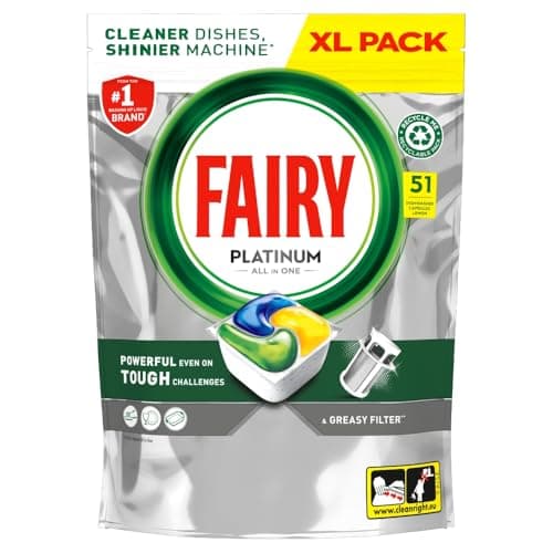 Image of Fairy Platinum Lemon All-In-1 Dishwasher Bulk Pack, 51 Pods, Platinum Dishwashing Formula
