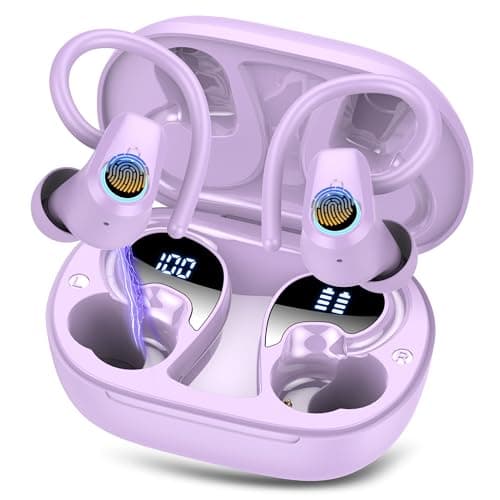 Image of Wireless Earbuds, Bluetooth 5.3 Headphones with 4 ENC Noise Canceling Mic, 50H Stereo Dual LED Display Ear Buds, Sport Wireless Earphones with Earhooks, IP7 Waterproof Wireless Headphones Gym, Purple
