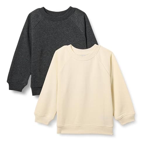 Image of Amazon Essentials Unisex Kids' French Terry Crew Neck Sweatshirts, Pack of 2, Beige/Charcoal Grey Heather, 4 Years