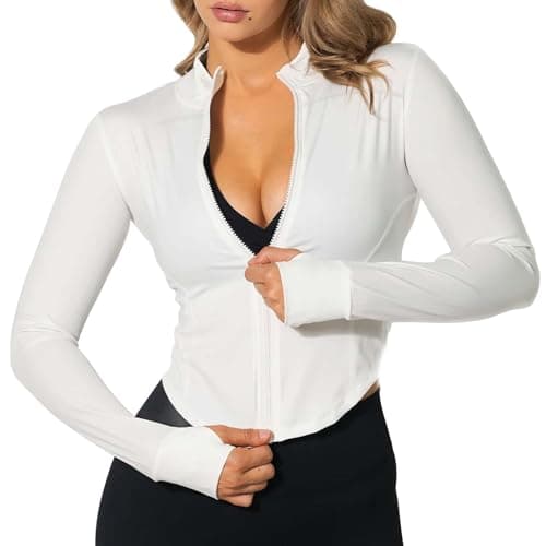 Image of TZLDN Gym Jackets Women Zip Up Sports Running Jacket Gym Top Long Sleeve Cropped BBL Jacket Gym Wear Fitness White S