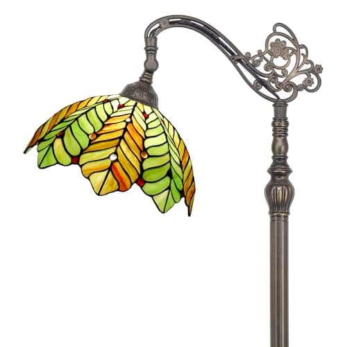 Image of ZJART Tiffany Floor Lamp Stained Glass Lamp 18.88X12X67 Inch Angle Adjustable Arched Gooseneck Antique Reading Light (Red Green Flowers) (Amber Green Beach Coconut Tree)