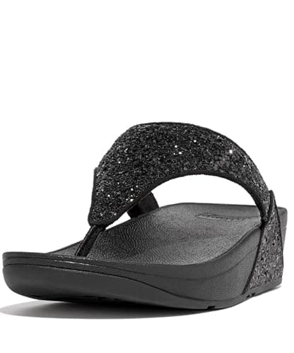 Image of Fitflop Women's Lulu Glitter Flip Flops, Toe-Post Sandals, Comfortable with Natural Arch Support - Black Glitter - 5 UK