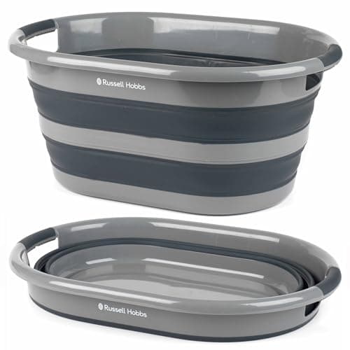 Image of Russell Hobbs COMBO-5142 Set of 2 Collapsible Laundry Baskets – Large 27L Clothes Hamper Bin, Silicone Easy Grip Handles, Foldable Space Saving Washing Tub, Portable, Indoor/Outdoor, Camping, Grey