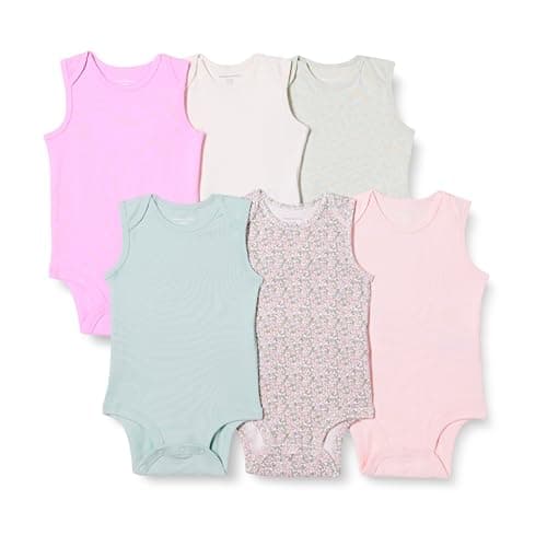Image of Amazon Essentials Unisex Babies' Sleeveless Bodysuits, Baby Vests, Pack of 6, Floral/Pink, 6-9 Months