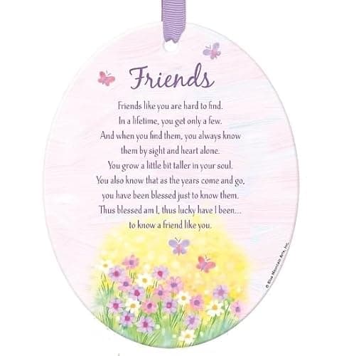 Image of Friends Hanging Oval Ceramic Sentiment Plaque - Keepsake Gift Idea - Loving & Inspirational Words - Blessed, Luck and Friendship - Floral Butterfly Design