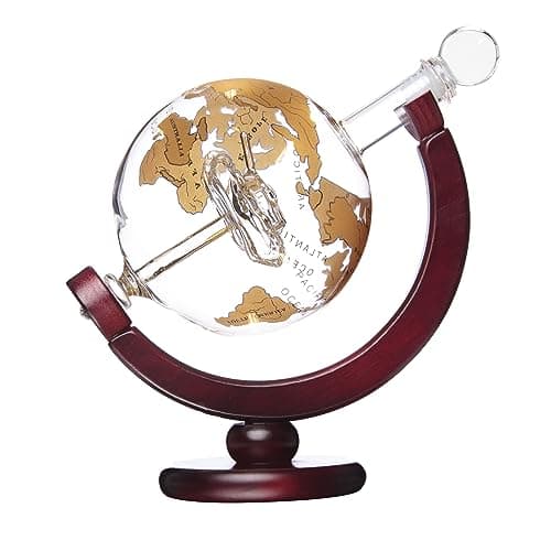 Image of Whiskey Decanter- 750ml Gold Globe Tank Decanter - Etched Decanter for Liquor, Bourbon, Vodka - Gift for Him