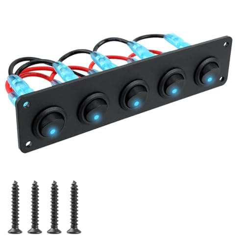 Image of 5 Gang Rocker Switch Panel 12V-24V 20A Pre-Wired Round Waterproof On/Off Toggle SPST 3 Pin Switches Control Panel with Blue LED Light for Marine Car Boat RV Campervan Yacht Trailer Tractor Truck