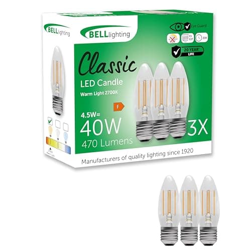 Image of BELL Lighting E27 Filament Bulb LED Candle 3 Pack | Vintage Light Bulbs ES E27 Screw | Warm White 2700K | 470lm 4.5W | Energy Saving Decorative Bulb | 40W Equivalent | Non-Dimmable