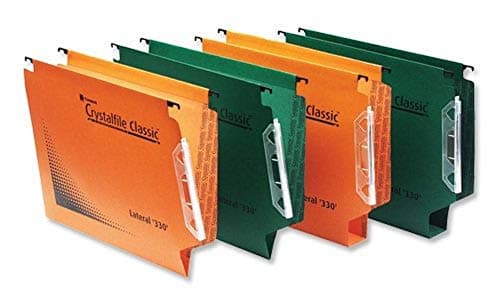 Image of Rexel 330 Lateral Hanging Files with Tabs and Inserts, 50 mm base, 100 Percent Recycled Manilla, Orange, Crystalfile Classic, Pack of 25, 70673