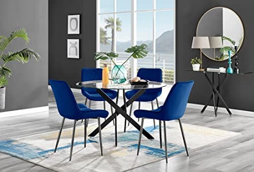 Image of Furniturebox UK Novara Black Leg 120cm Round Glass Dining Table & 4 Navy Pesaro Black Leg Chairs