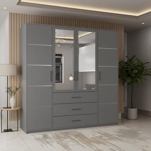 Image of FURNITUREWAVE Modern 4 Door Hinged Wardrobe with 2 Mirror Doors and 3 Drawers Bedroom Wardrobe Mirrored Bedroom Furniture, Double Wardrobe for Bedroom (200cm Grey)